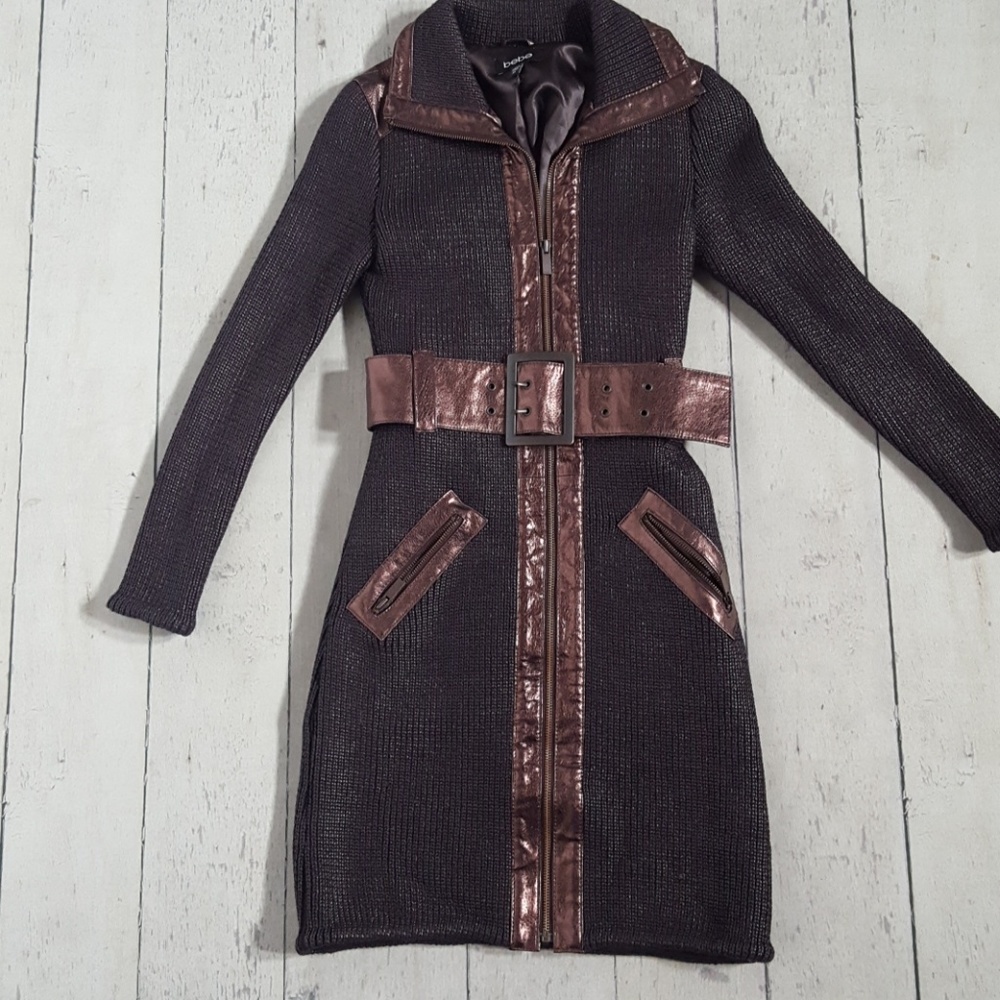 Bebe bronze knit with leather trim coat